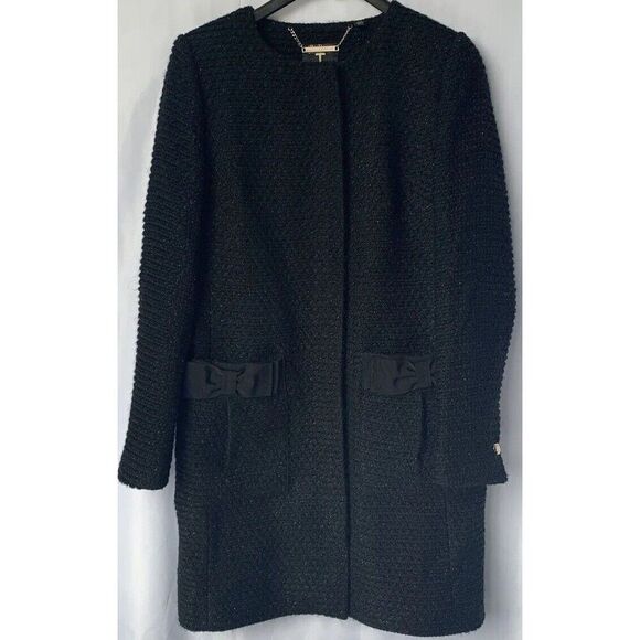 Ted Baker Womens Black Tweed Collarless Contrast Bow Pocket Coat Size 1 … - Picture 2 of 16